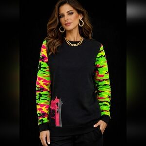 KATYA DOBRYAKOVA Black & Neon Printed Sleeve Crewneck Sweatshirt Size XS